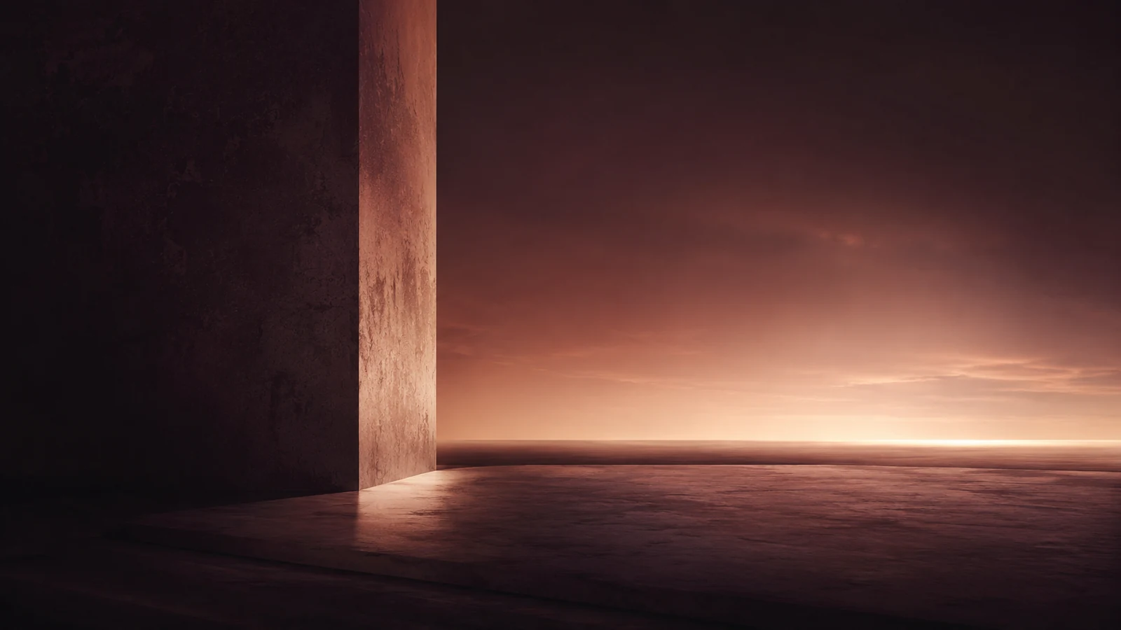 A deep plum architectural threshold opening onto a warm horizon, representing a creator crossing from rented platforms into infrastructure she owns.